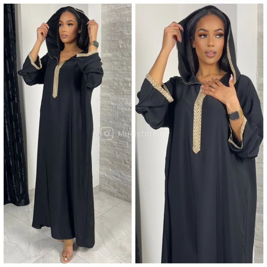 Golden Embroidery Wrist Hoodie Neck Abaya Super Oversized - Image 11
