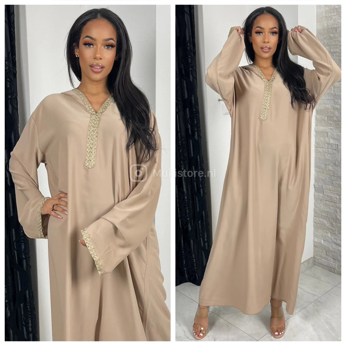 Golden Embroidery Wrist Hoodie Neck Abaya Super Oversized - Image 7