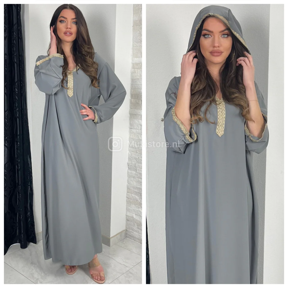 Golden Embroidery Wrist Hoodie Neck Abaya Super Oversized - Image 9