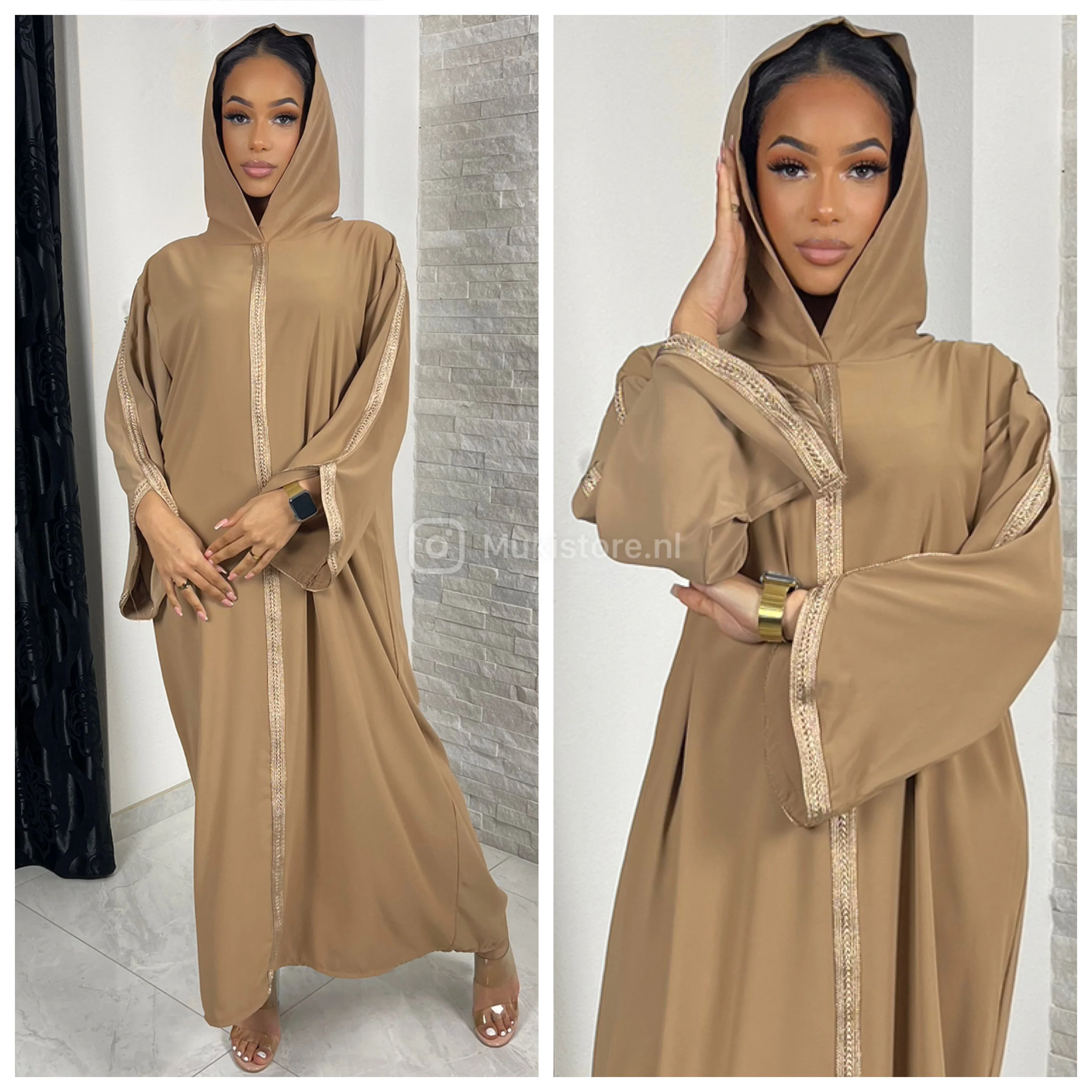 Headscarf Abaya Golden Embroidery Sleeves And Mid Stripe - Image 12