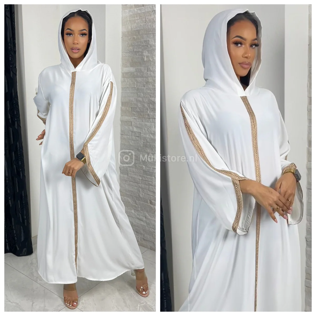 Headscarf Abaya Golden Embroidery Sleeves And Mid Stripe - Image 3