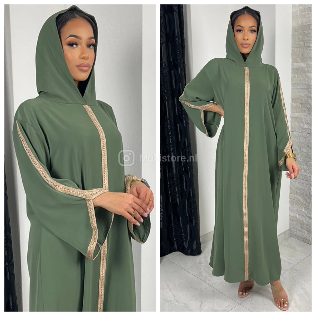 Headscarf Abaya Golden Embroidery Sleeves And Mid Stripe - Image 5