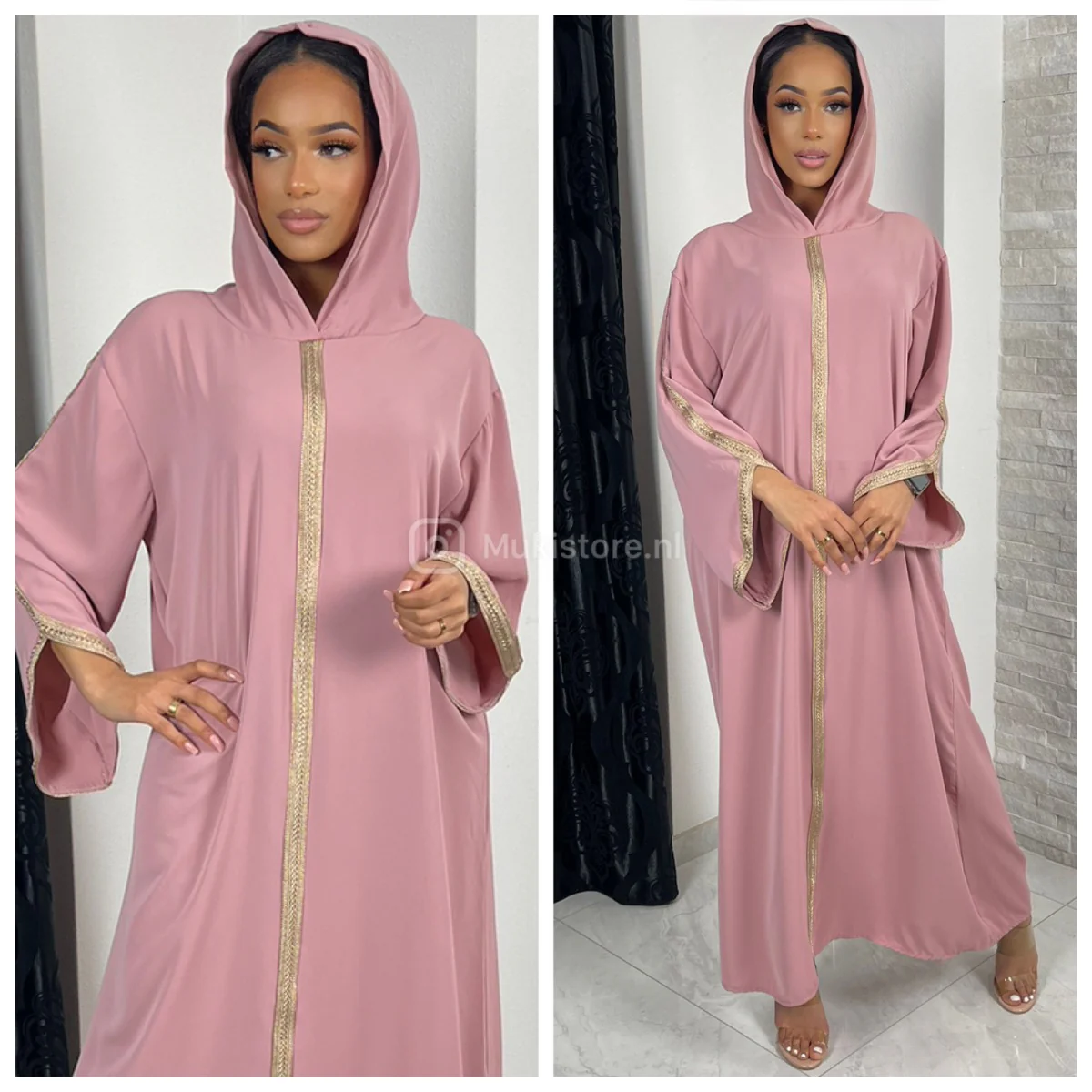 Headscarf Abaya Golden Embroidery Sleeves And Mid Stripe - Image 6