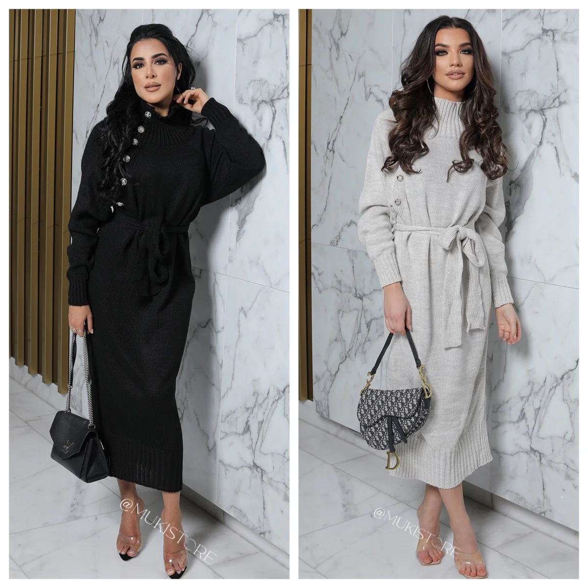 Long Sweater Dress High Neck Tie Belt Button Details - Image 3