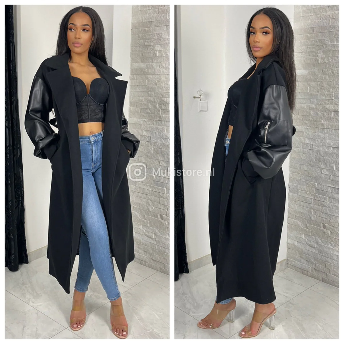 Musthave Trenchcoat Leatherlook Sleeves Zip Detail - Image 3