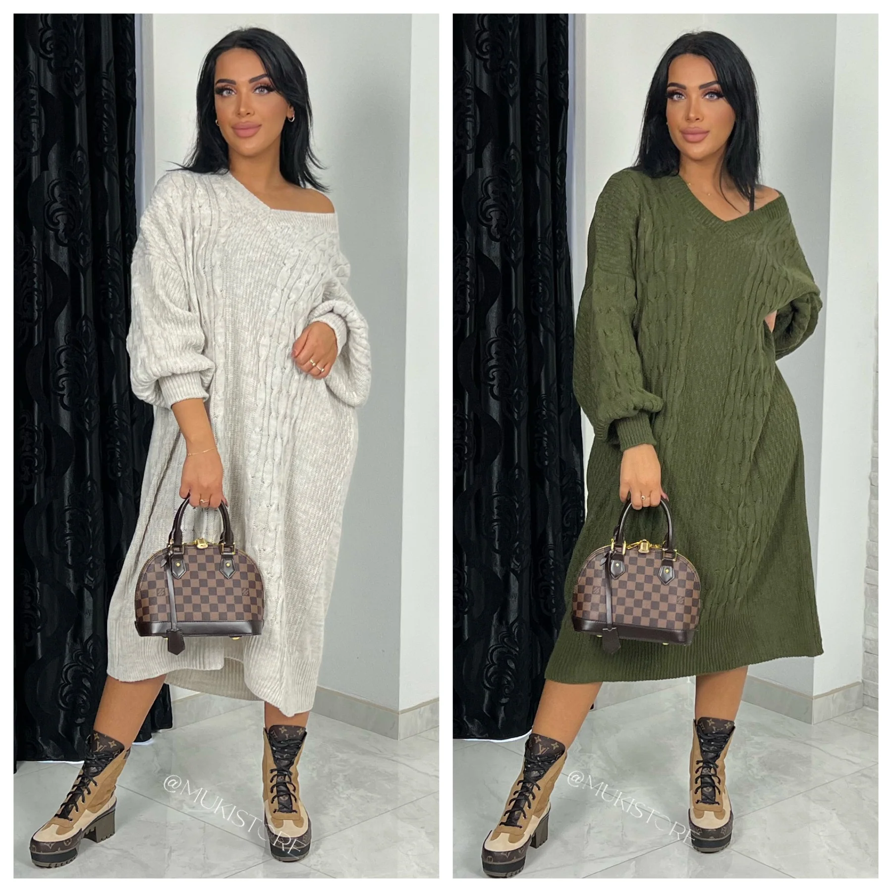 Oversized Cable Dress V Neck Balloon Sleeve 1401 - Image 11