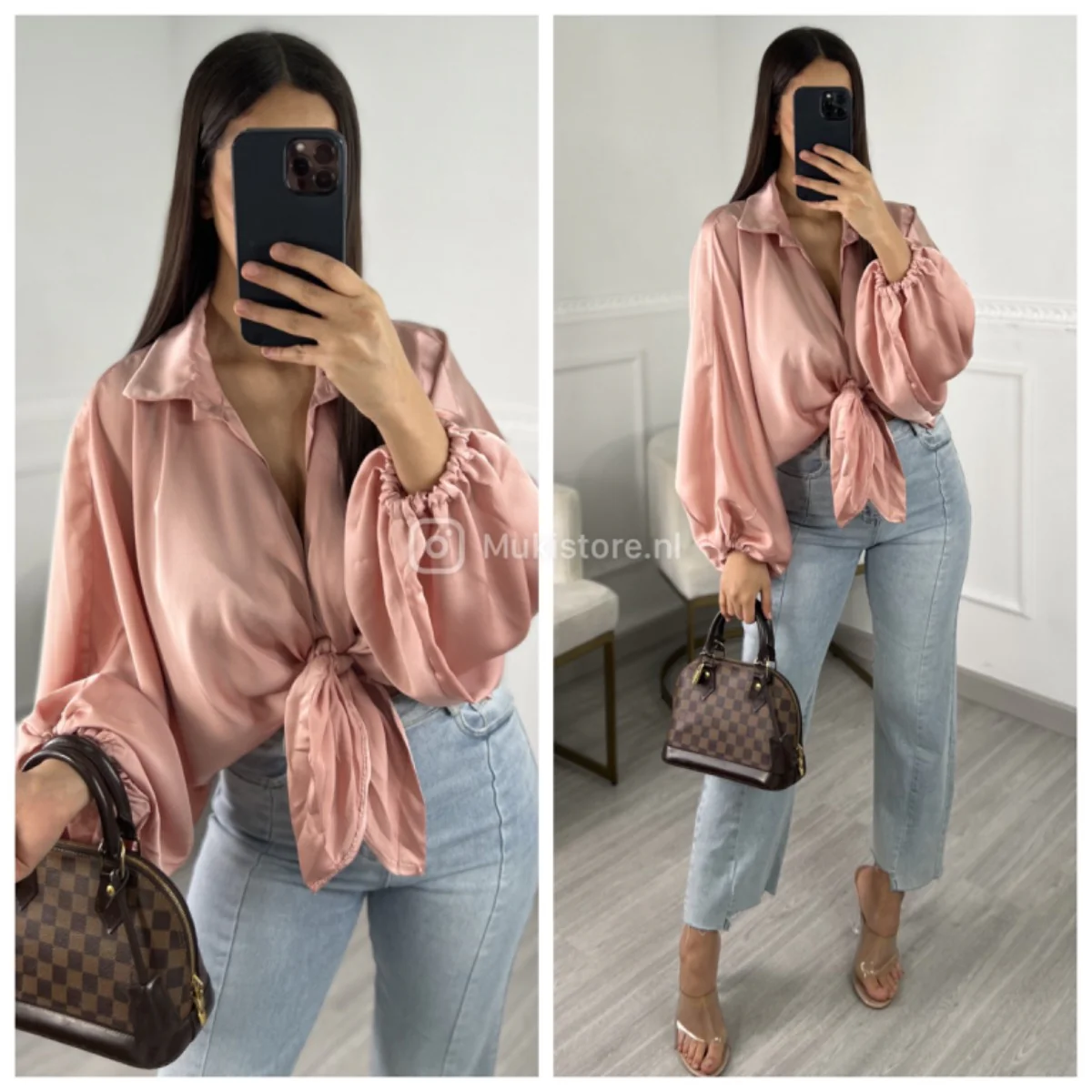 Oversized Satin Crop Blouse Elastic Sleevs - Image 5