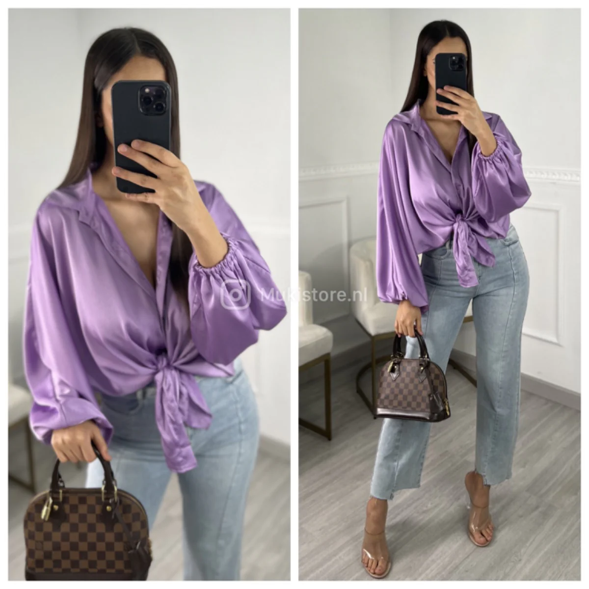 Oversized Satin Crop Blouse Elastic Sleevs - Image 8