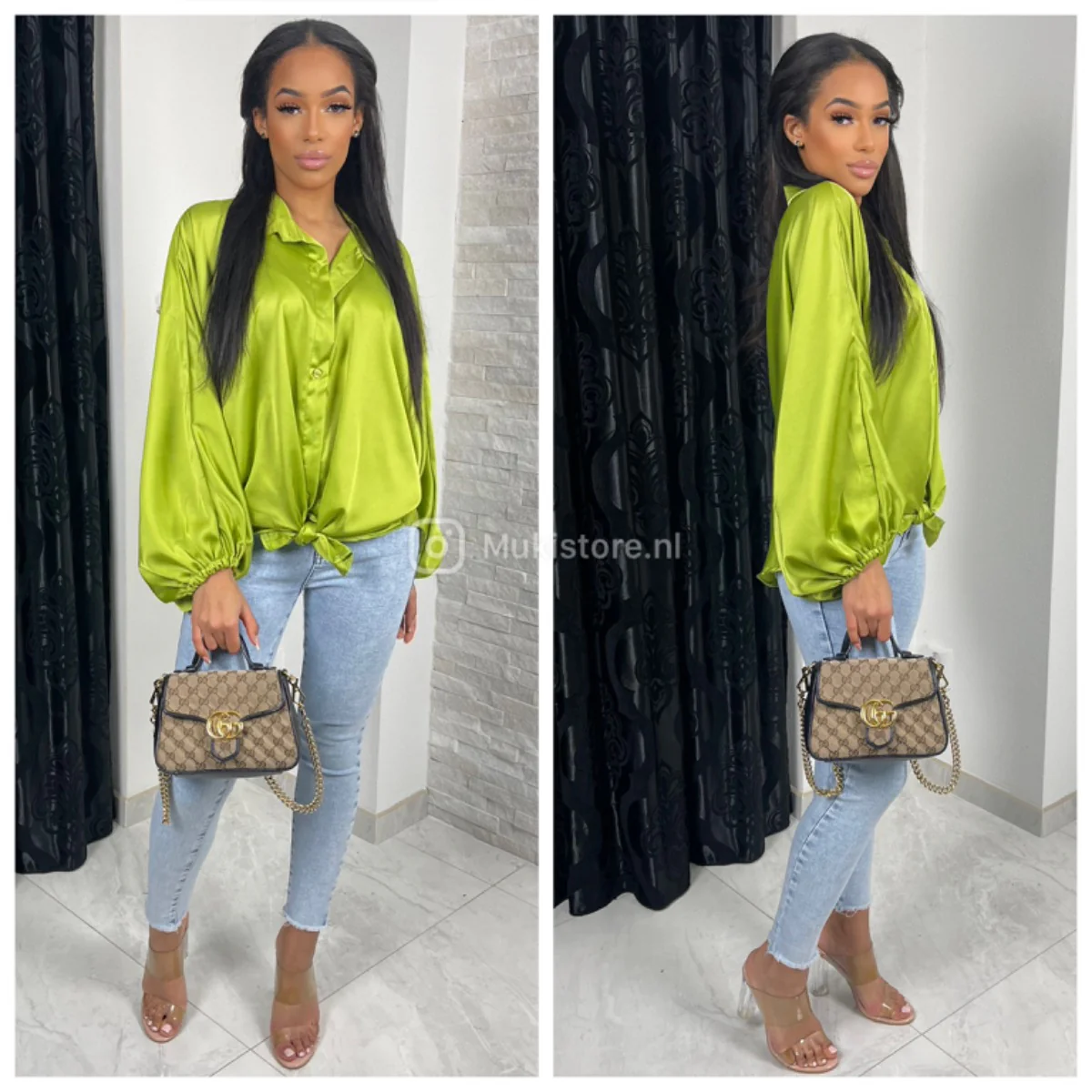 Oversized Satin Crop Blouse Elastic Sleevs - Image 9