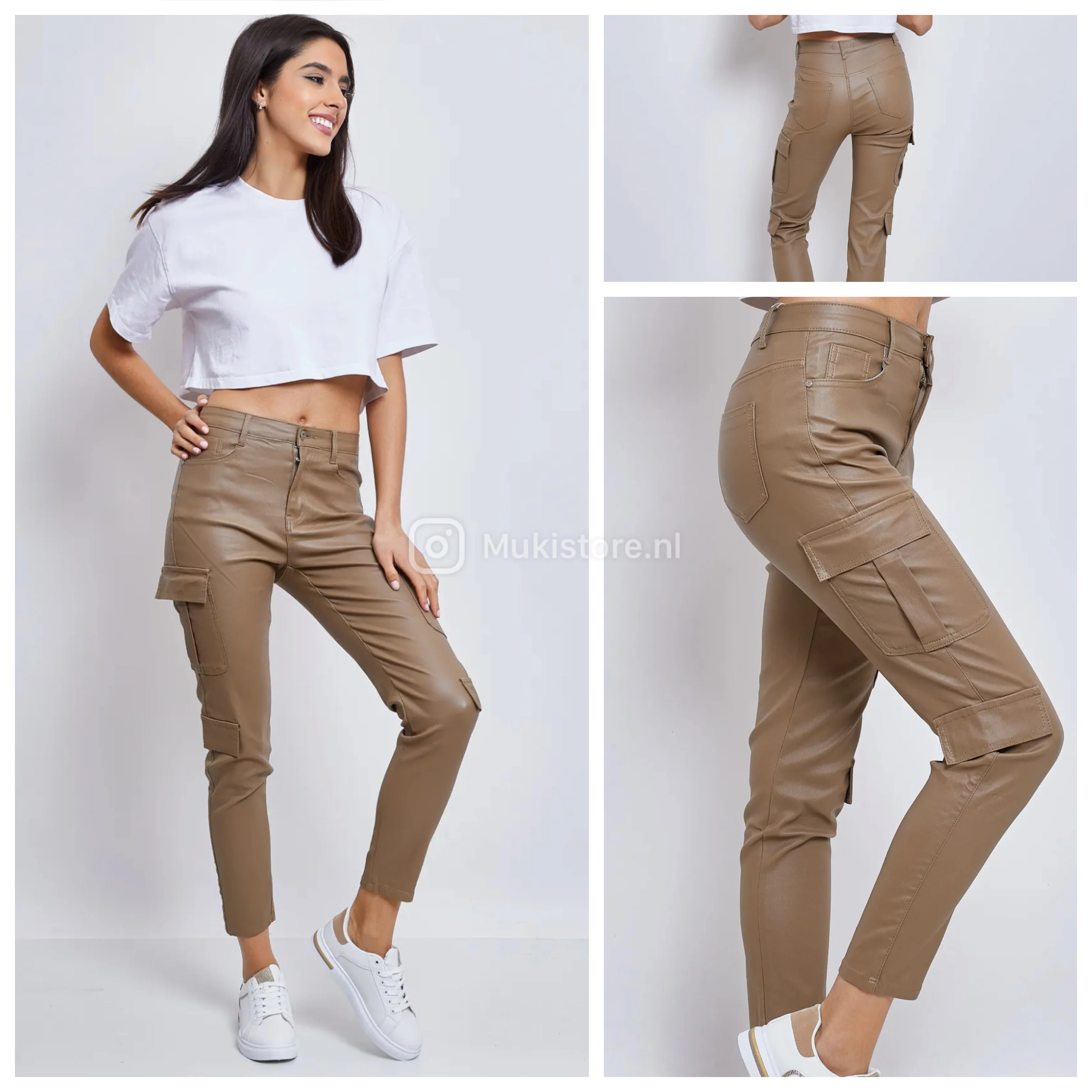 Premium Quality Leather look Brown Cargo Pants 77261-2 - Image 4