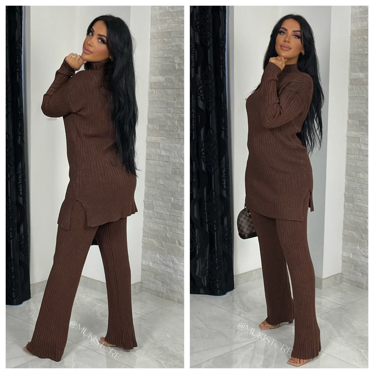 Ribbed High Neck Side Splits Long Wide Leg Set - Image 3