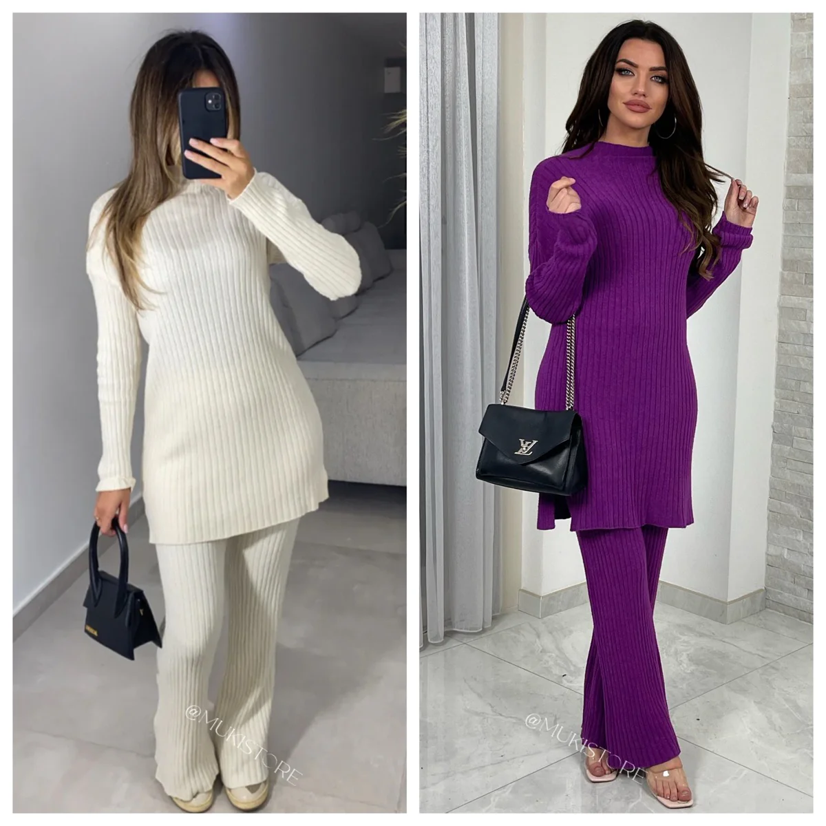 Ribbed High Neck Side Splits Long Wide Leg Set - Image 4