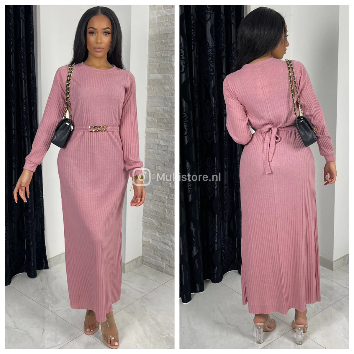 Round Neck Thin Ribbed Tie Belt Gold Dress - Image 3