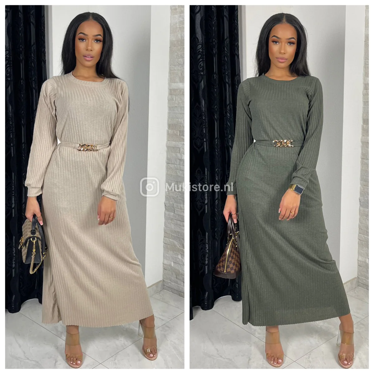 Round Neck Thin Ribbed Tie Belt Gold Dress - Image 4