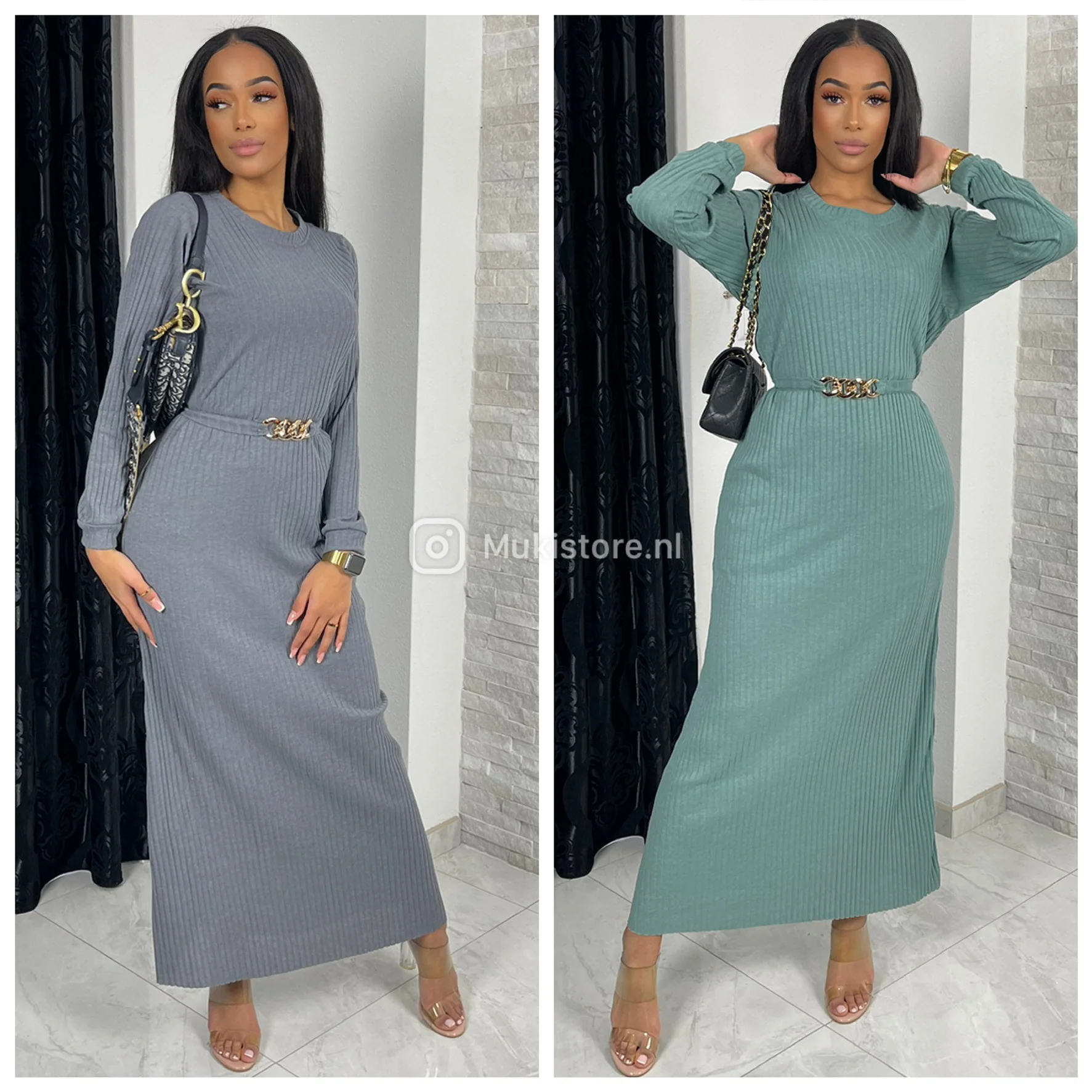 Round Neck Thin Ribbed Tie Belt Gold Dress - Image 9