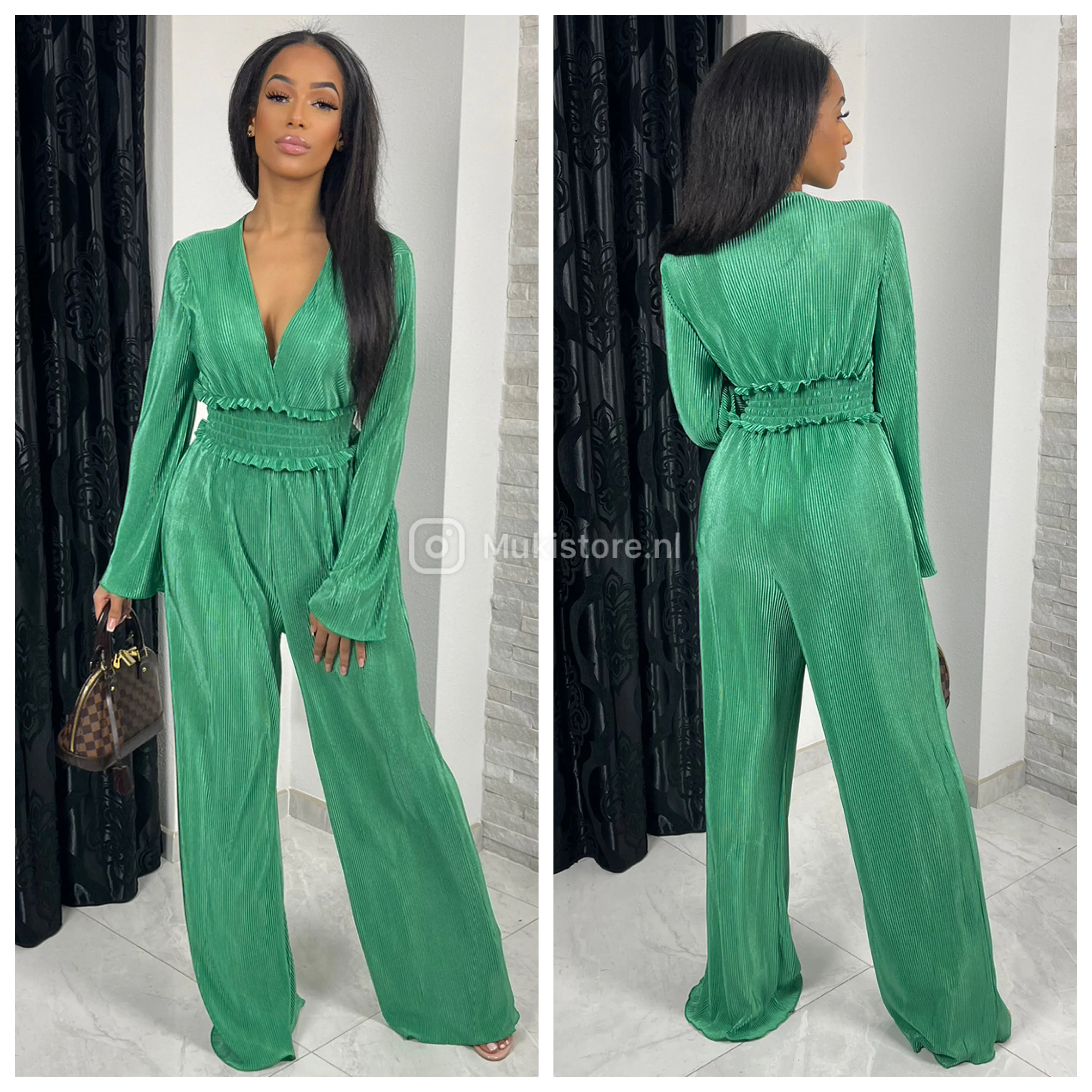 Shiny Ribbed Jumpsuit V Neck Waist Detail - Image 13