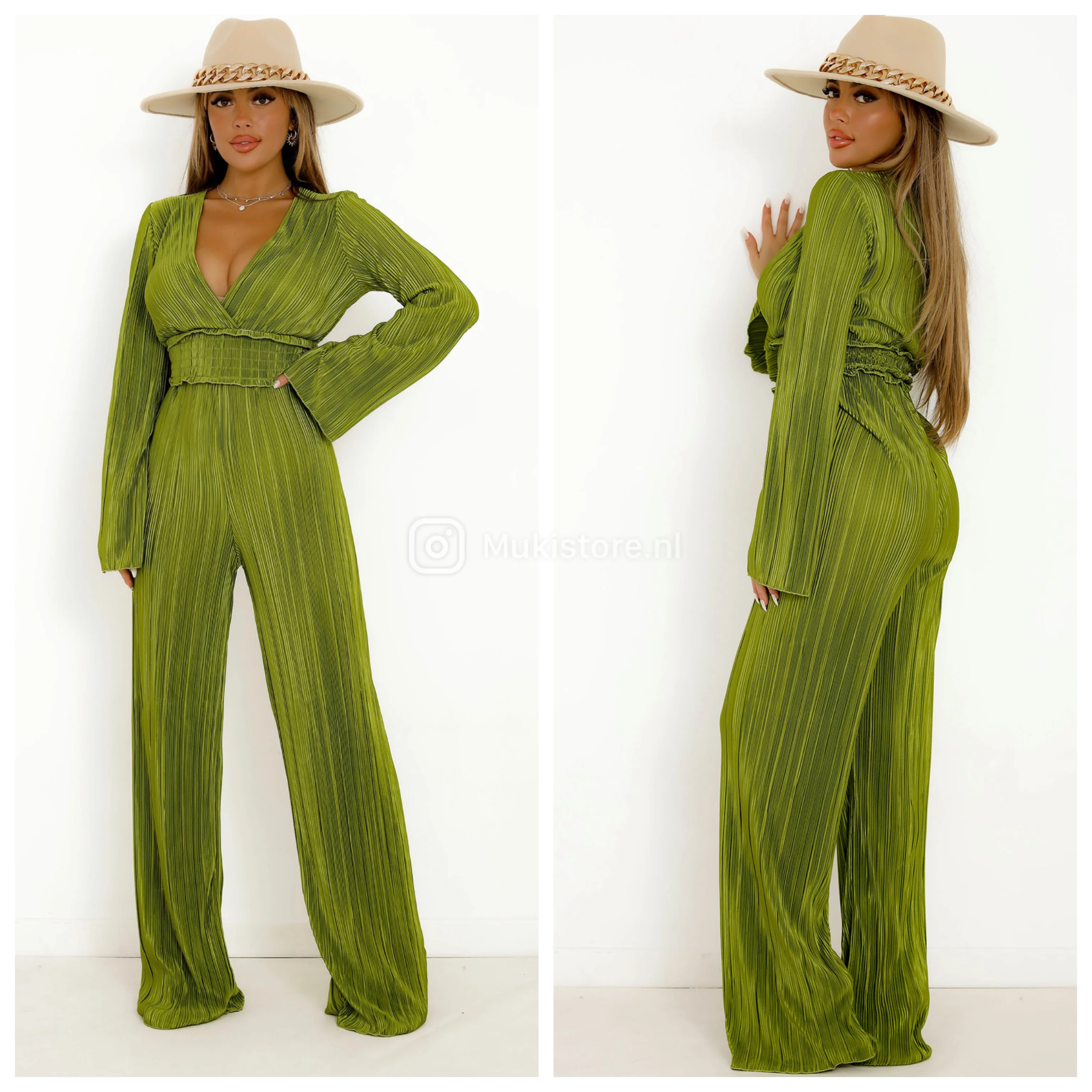 Shiny Ribbed Jumpsuit V Neck Waist Detail - Image 14