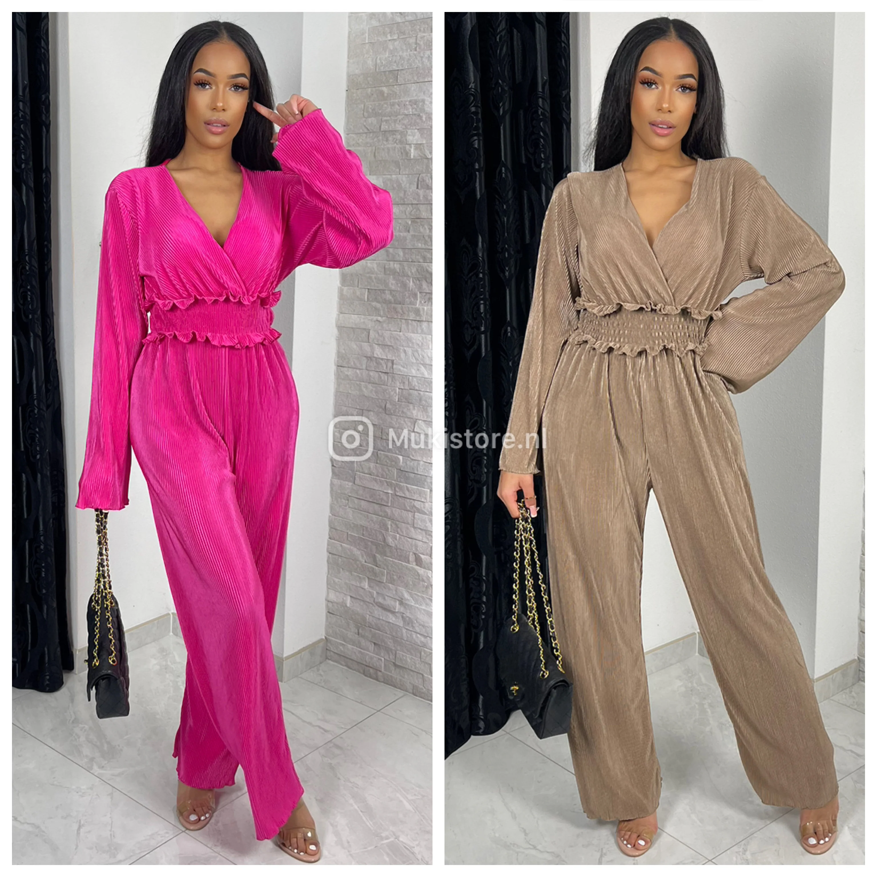 Shiny Ribbed Jumpsuit V Neck Waist Detail - Image 18