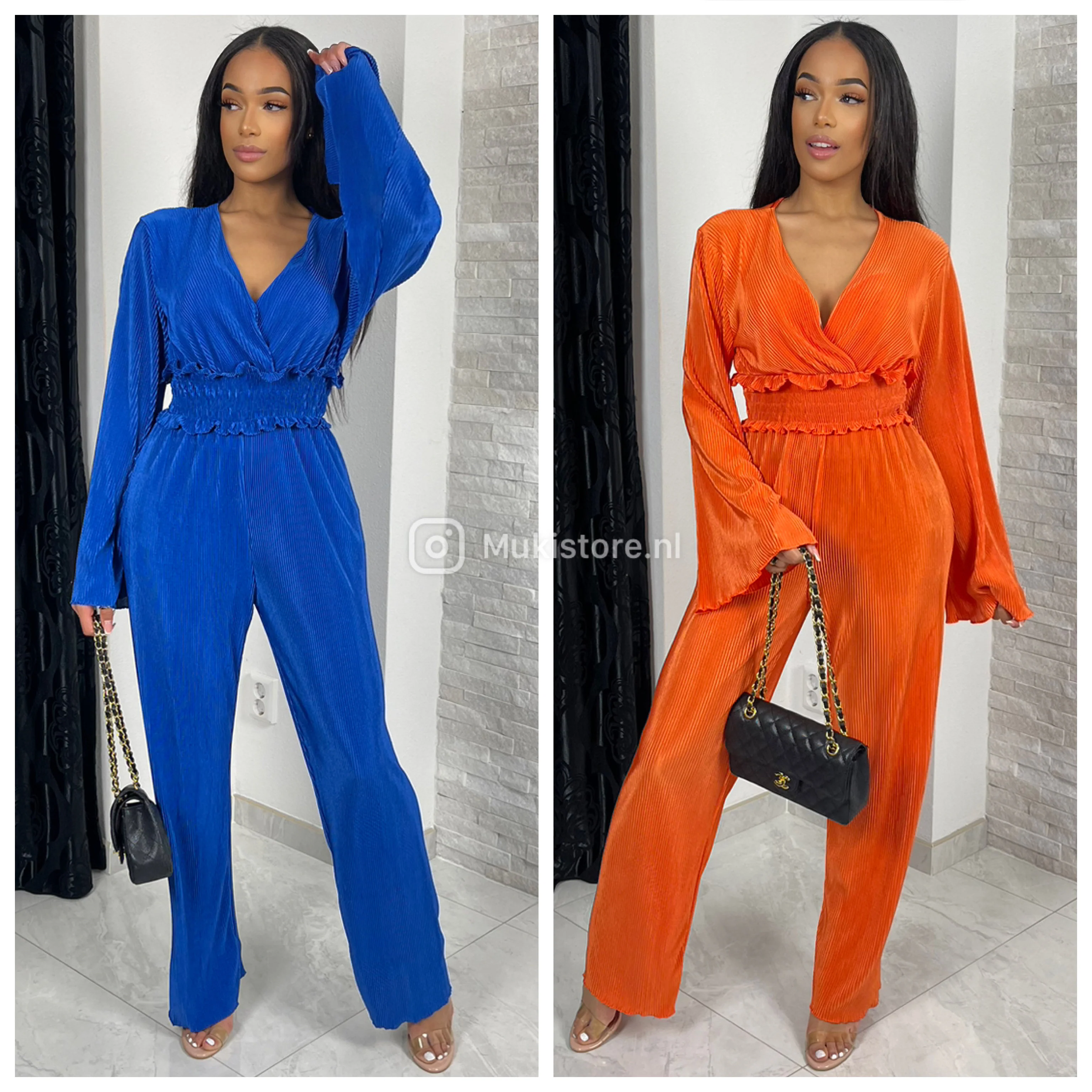 Shiny Ribbed Jumpsuit V Neck Waist Detail - Image 20