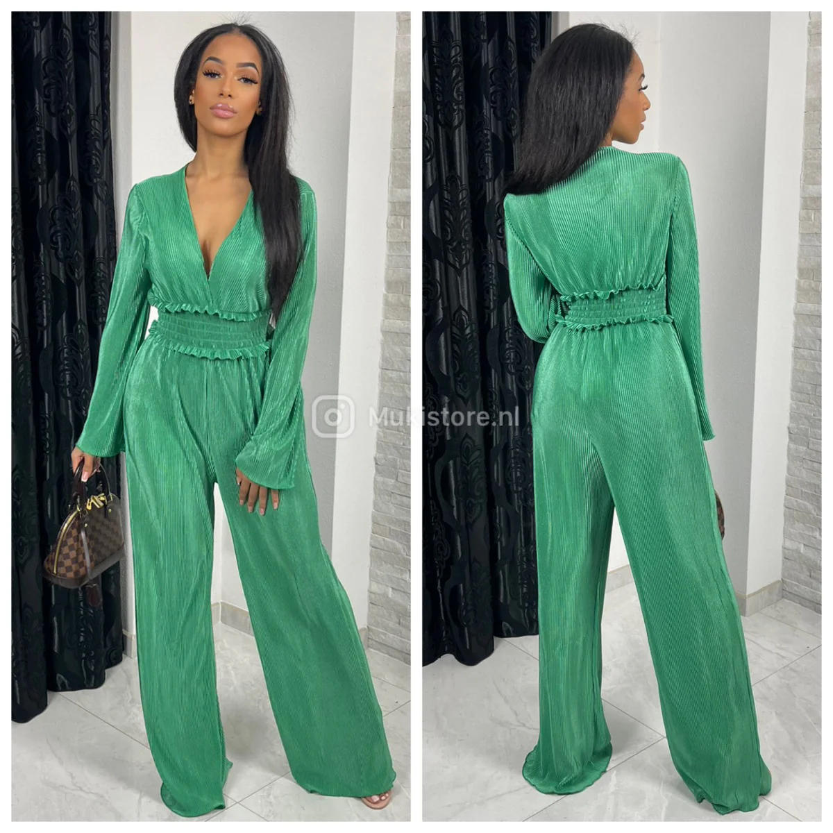 Shiny Ribbed Jumpsuit V Neck Waist Detail - Image 4
