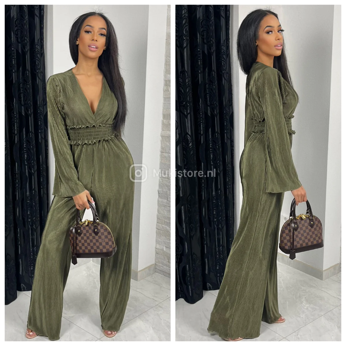 Shiny Ribbed Jumpsuit V Neck Waist Detail - Image 6