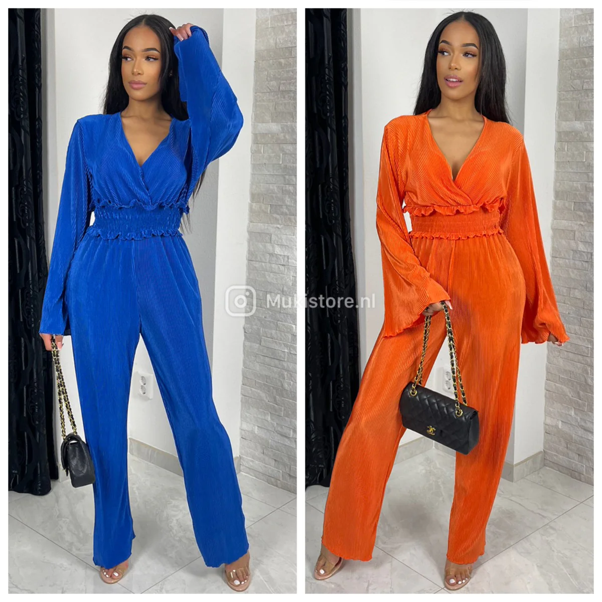 Shiny Ribbed Jumpsuit V Neck Waist Detail - Image 7