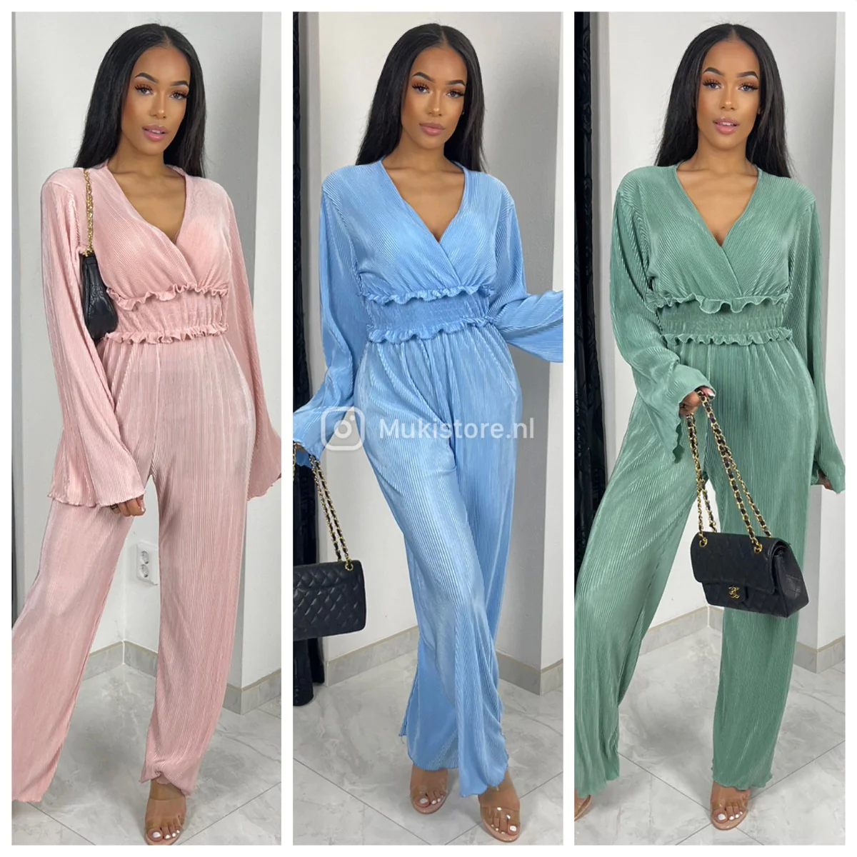 Shiny Ribbed Jumpsuit V Neck Waist Detail - Image 8