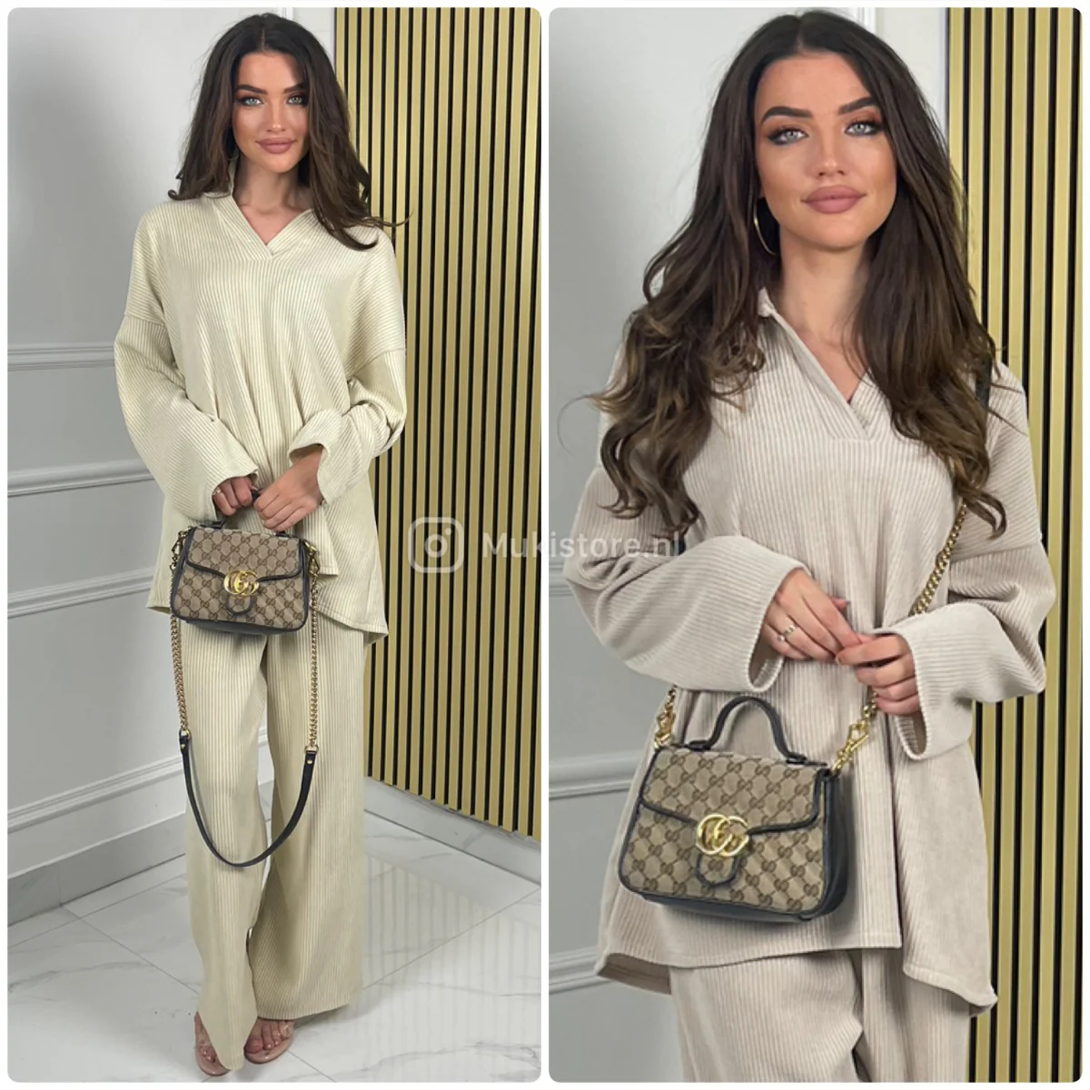 V Neck Collar Thick Corduroy Wide Leg Set - Image 3