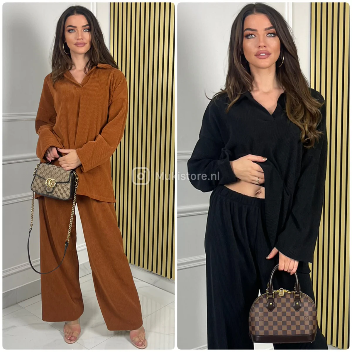 V Neck Collar Thick Corduroy Wide Leg Set - Image 5