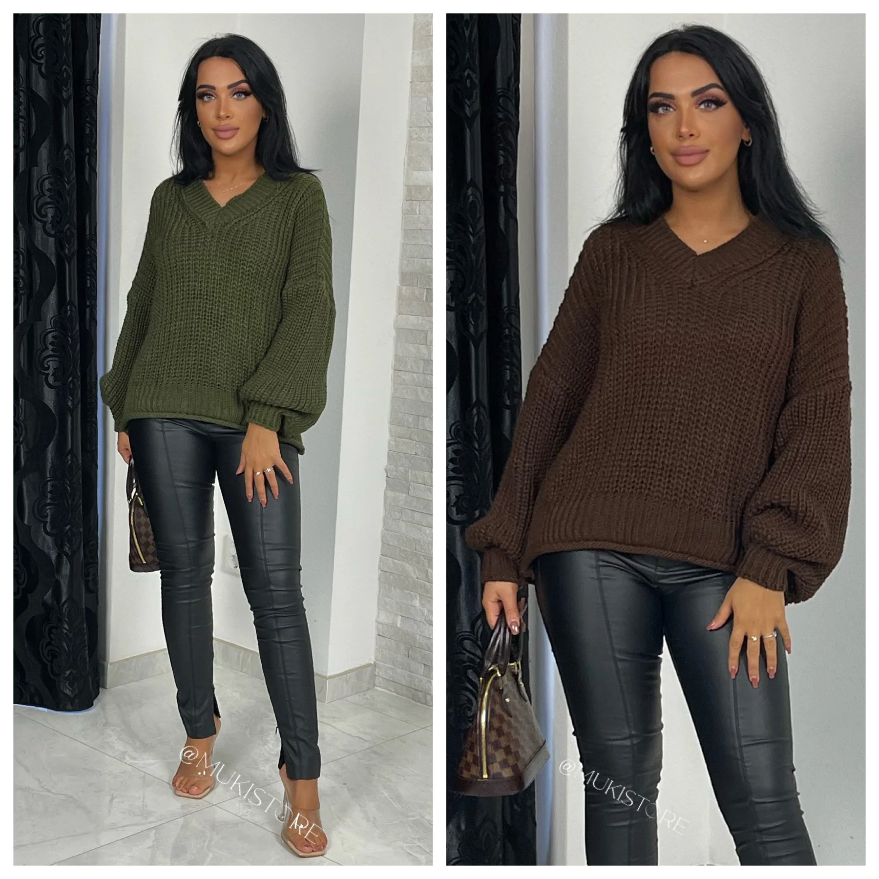 V Neck Knitwear Sweater Balloon Sleeves - Image 6