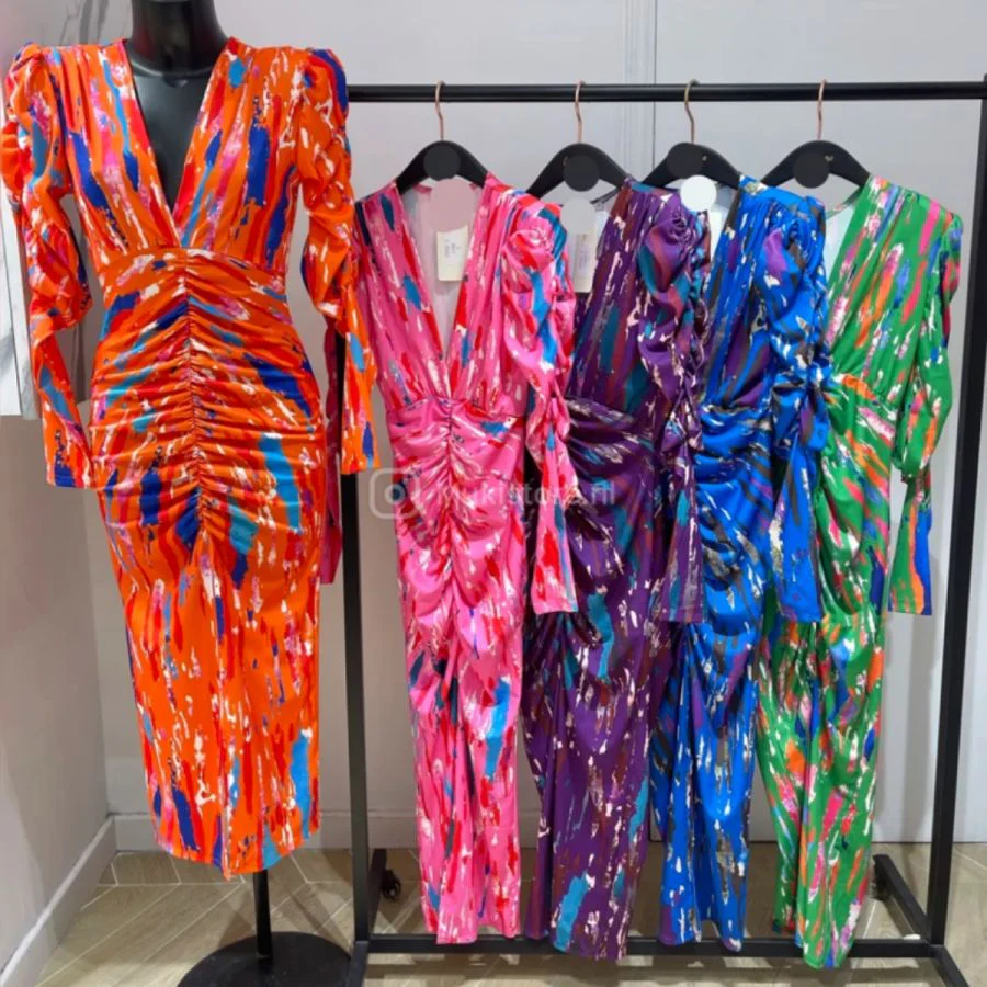 V Neck Printed Dress Taille Detail Shoulder Pads 7932-1 - Image 17