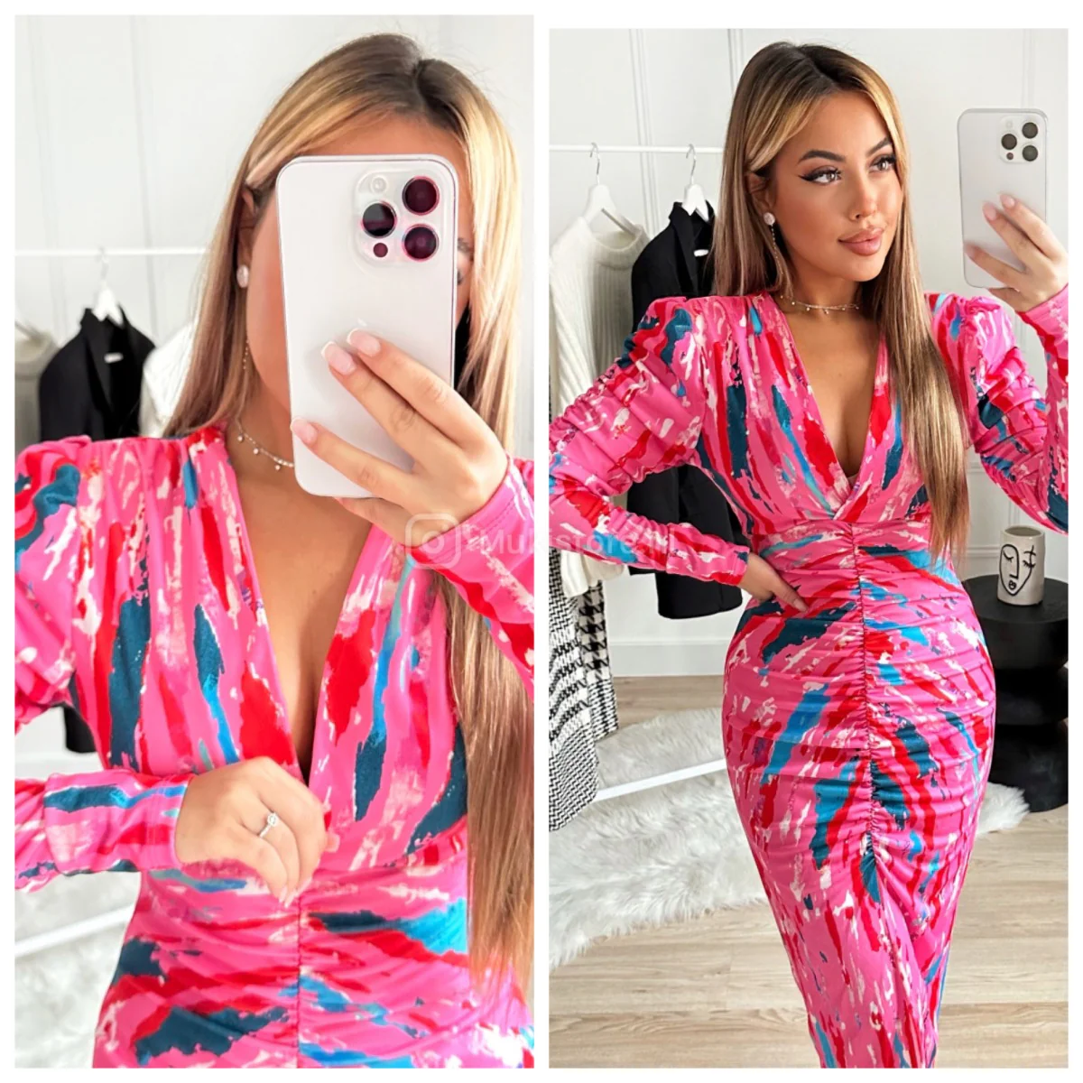 V Neck Printed Dress Taille Detail Shoulder Pads 7932-1 - Image 3