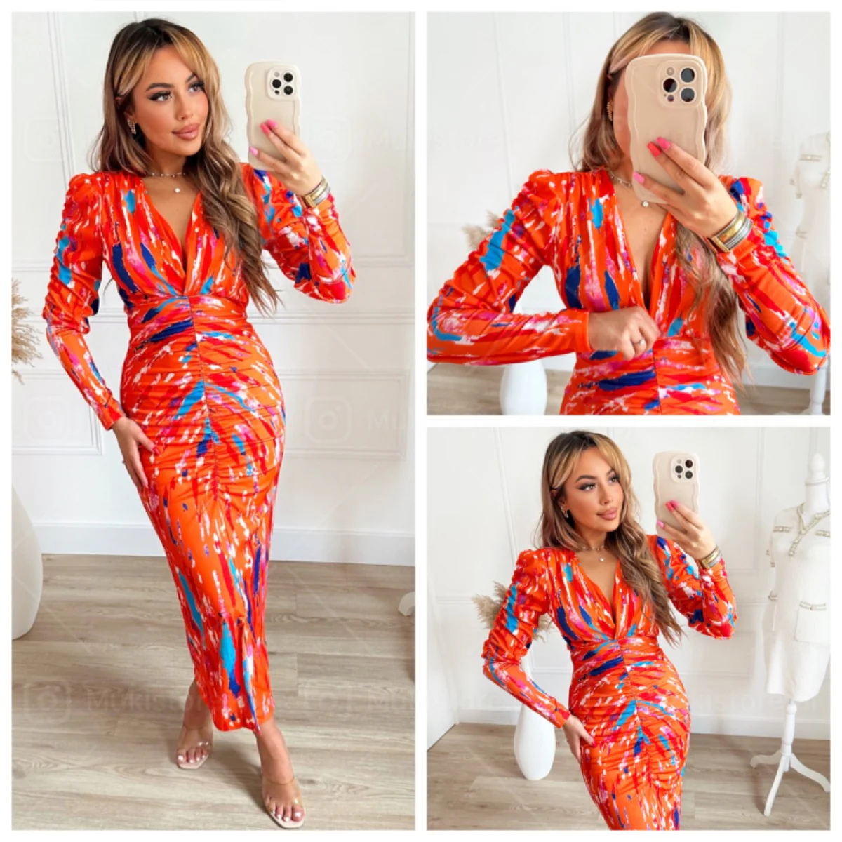 V Neck Printed Dress Taille Detail Shoulder Pads 7932-1 - Image 6